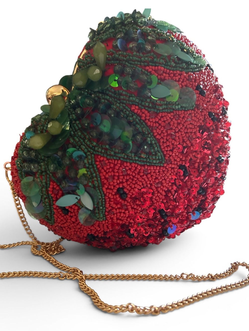 Hand-Beaded Red Heart Strawberry Evening Bag/ Clutch with Beaded Embellishments
